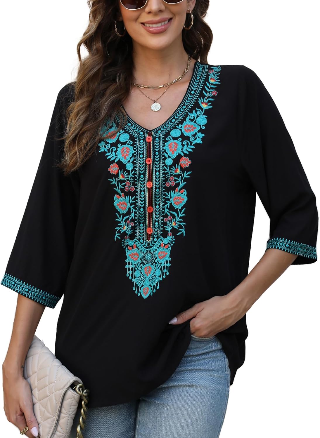 Higustar Mexican Blouses for Women Embroidered Traditional Floral Peasant Tops Bohemian Clothes 3/4 Sleeve Tunic Boho Shirt