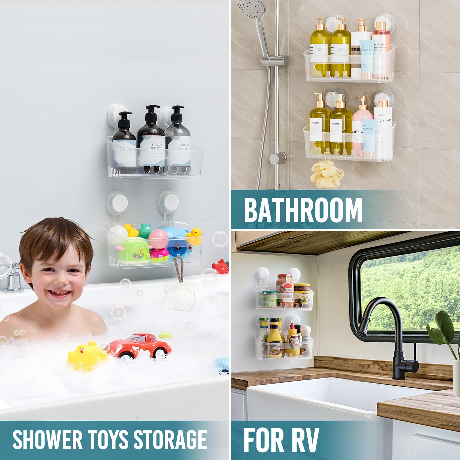 TAILI Shower Caddy Suction Cup 2 Pack Heavy Duty Bathroom Shower Organizer Removable Shelves for Inside Shampoo Wall Mounted Plastic Storage for Bathroom Accessories Transparent - Image 4