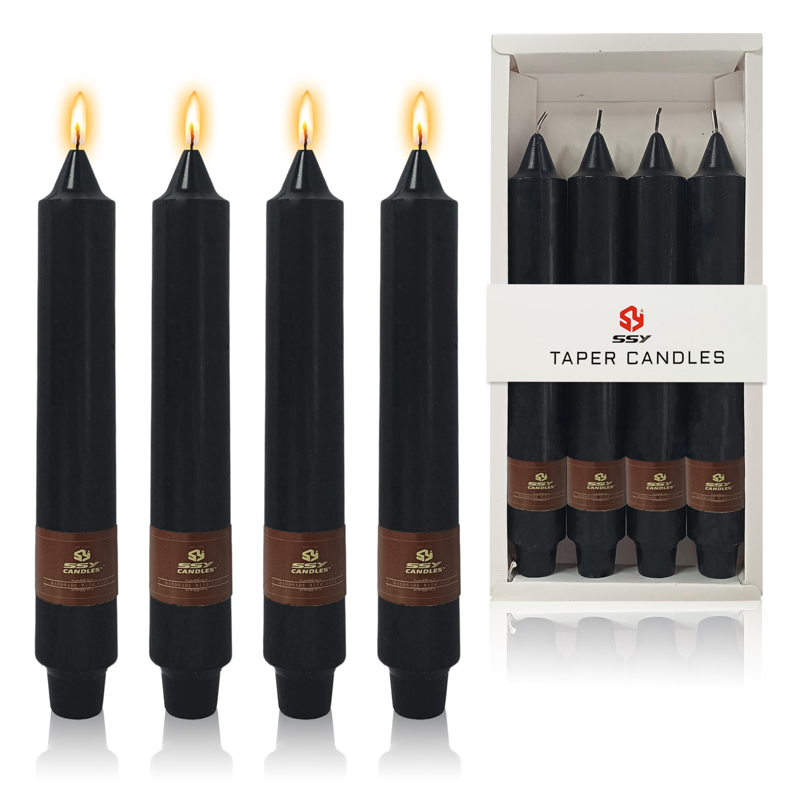 Confezione da 4 candele coniche nere per Halloween, versate a mano, 22,9 cm, non profumate, lunghe candele affusolate per decorazioni spettrali, case infestate e matrimoni gotici, combustione pulita