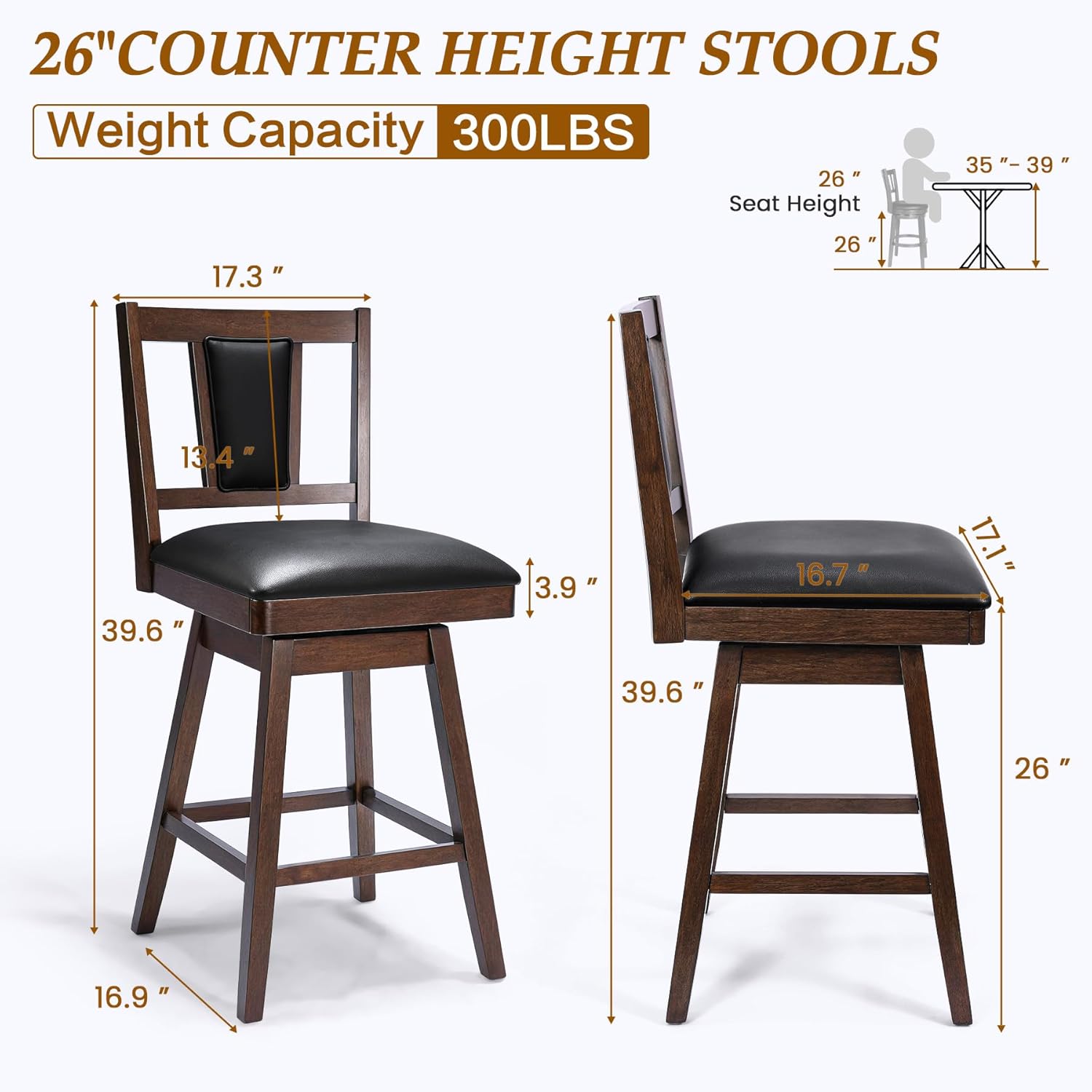 HomeMiYN Counter Height Bar Stools Set of 2, 26” Black Faux Leather Swivel Barstools with Wood Legs, Upholstered Rectangle Counter Chairs with High Back Footrest for Kitchen Island