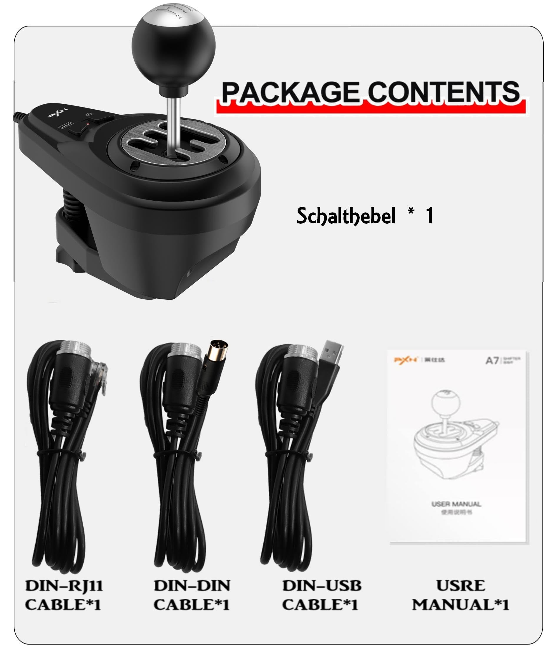 PXN A7 Schaltung, Gaming Lenkrad Schalthebel - Universal Shifter PC, 6+R Gängen, 3 Kabeln (USB, RJ11, DIN), P-Bremse und Hoch-Niedriggeschwindigkeits-Tasten - Gangschaltung für PC