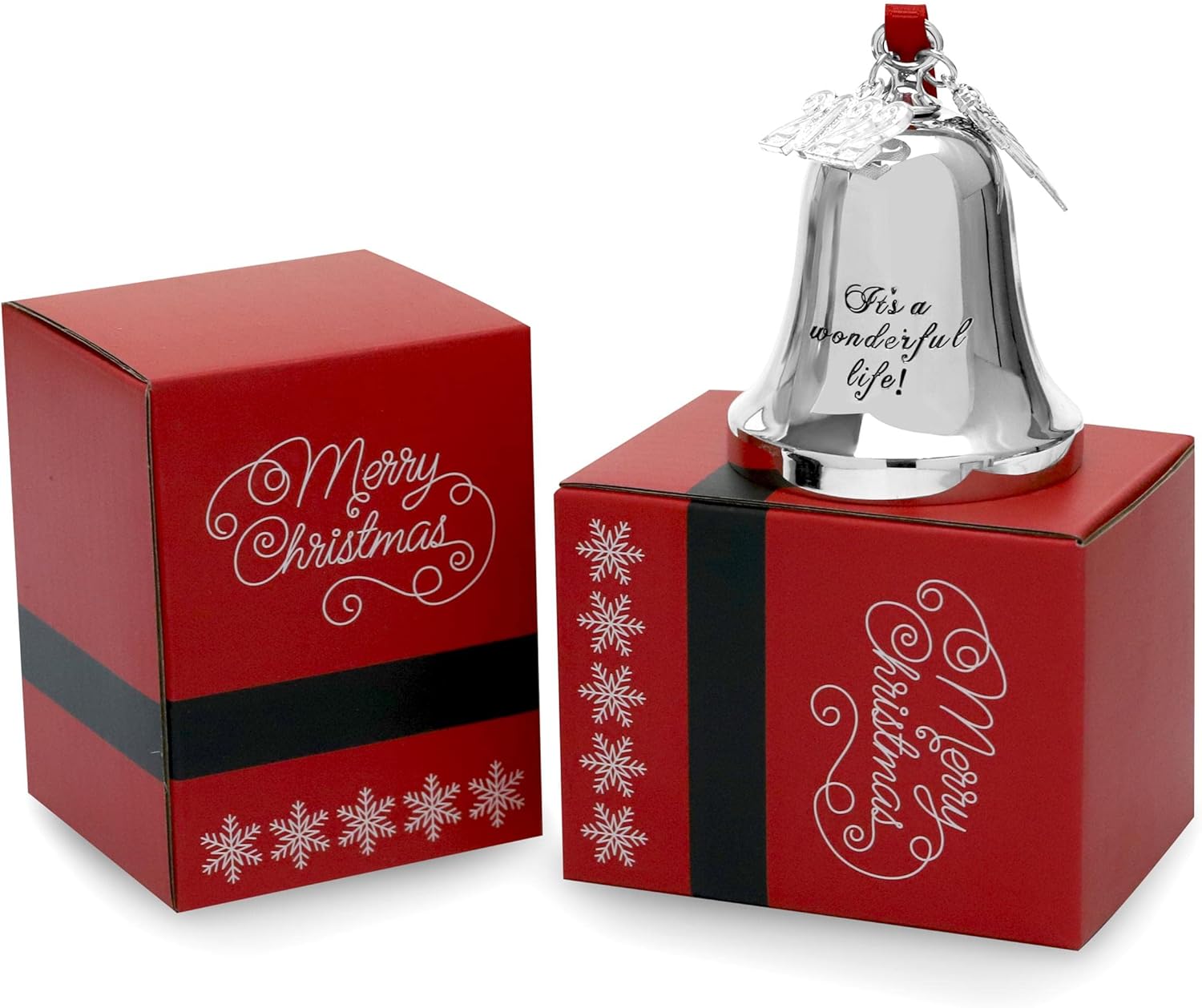 JUPPE 2025 Silver Engraved It's A Wonderful Life Christmas Bell Ornaments for Christmas Tree Wedding Anniversary Decoration Pendants with Angel Wings (Silver Bell) - Image 4