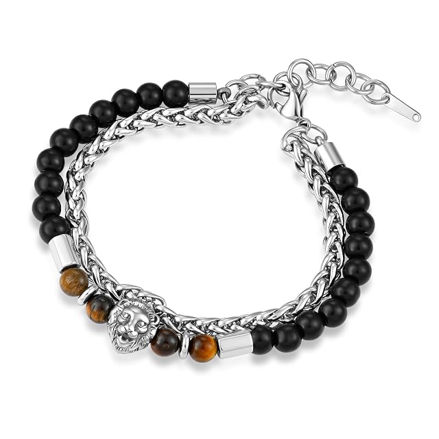 TIMFROZ Men Natural Stone Beads Bracelet with Vintage Wolf skull compass leopard lion Head Charm Stretchable Animal Strand