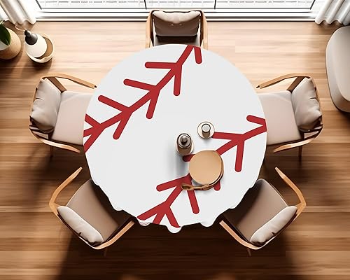 Miniatura 6 de Oudain 6 manteles redondos de béisbol de 84 pulgadas, mantel de béisbol de plástico rojo y blanco, mantel desechable para deportes de sóftbol,