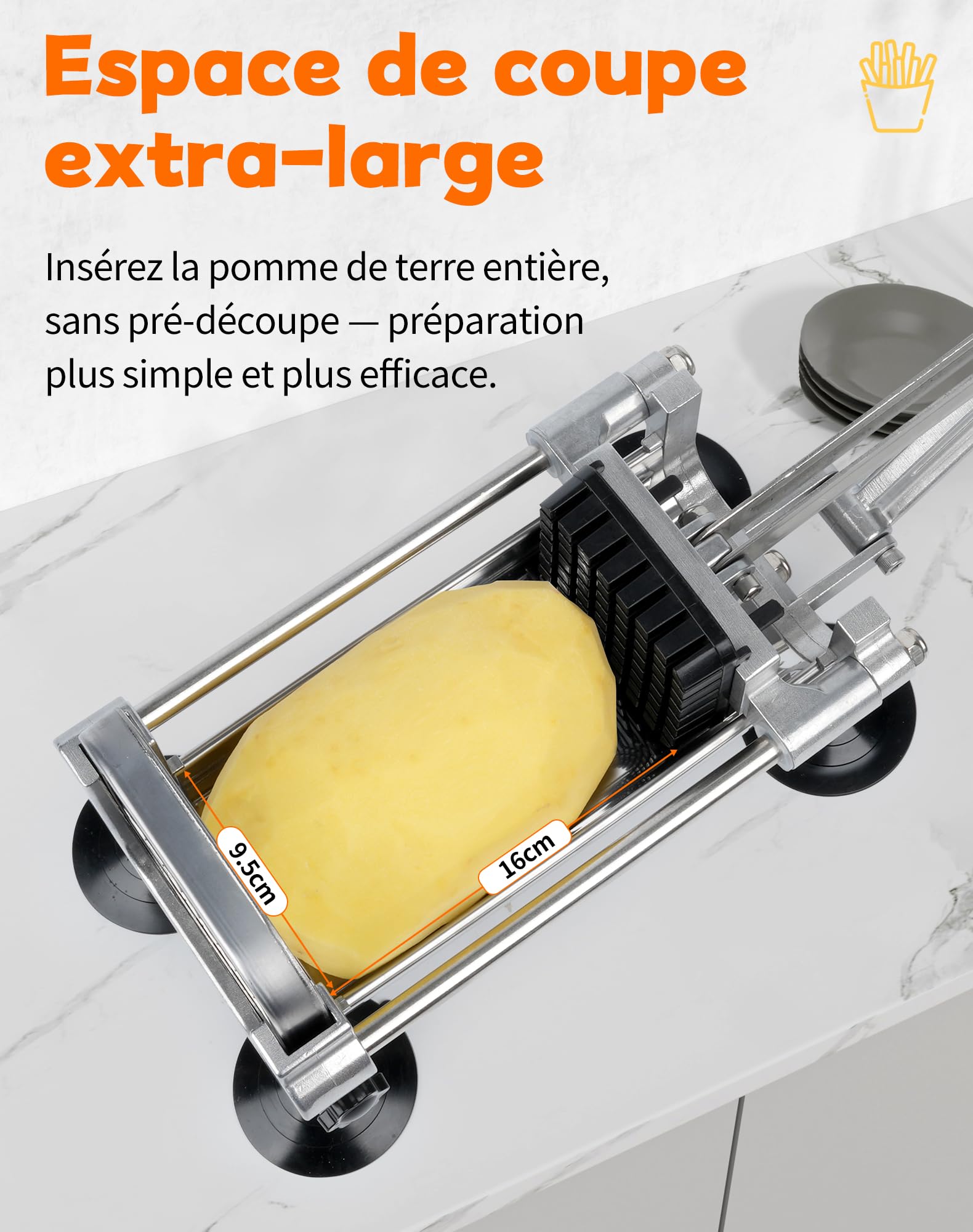 Coupe-Frites Manuel en Acier Inoxydable Coupe Frite Professionnel avec Lames 6,5 mm / 9 mm / 13 mm Coupe Pomme De Terre pour Frite Idéal pour Patates Douces Carottes Et Concombres