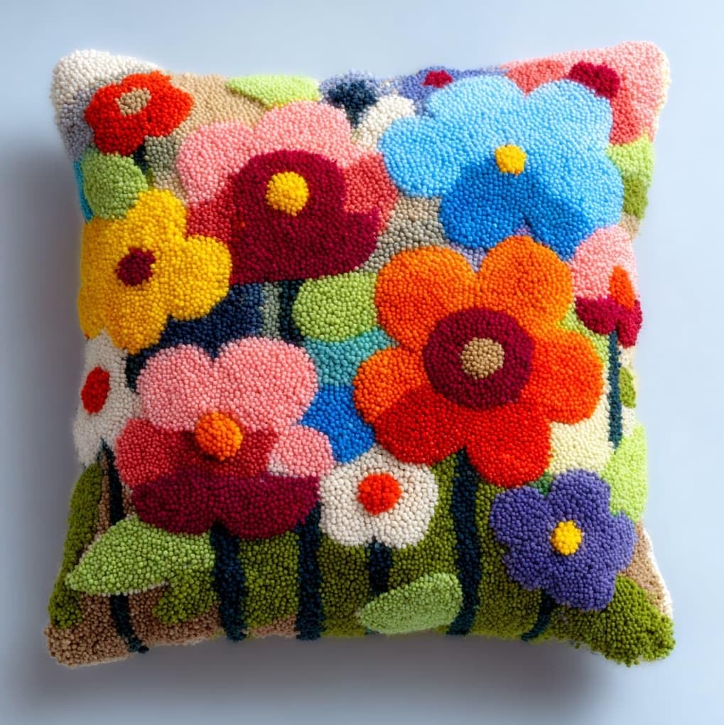 WallustrioaW Latch Hook Pillowcase Cushion Kits,Colorful Flowers,Latch Hook kit Cushion Throw Pillow Embroidery Craft for Beginner Hobby & Craft,17x17in