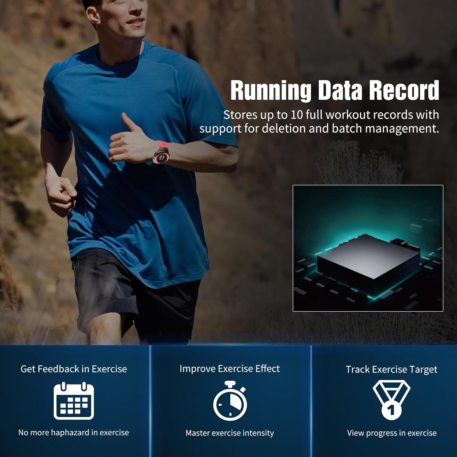 A person running outdoors with the EZON T031 GPS Running Watch on their wrist, illustrating the watch's ability to record running data.