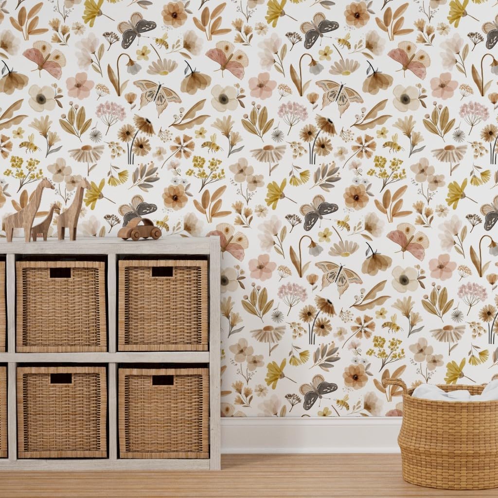 Peel & Stick Wallpaper 3ft x 2ft - Gardens Flowers Butterflies Butterfly Floral Nature Spring Bees Custom Removable Wallpaper by Spoonflower