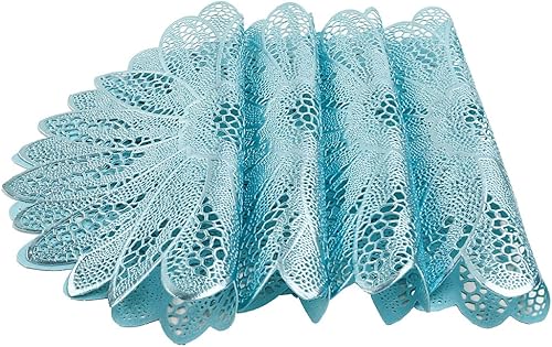Miniatura 9 de Candumy Juego de 6 manteles individuales redondos azules de 15 pulgadas para mesa de comedor, tapetes metálicos de vinilo huecos con flores,