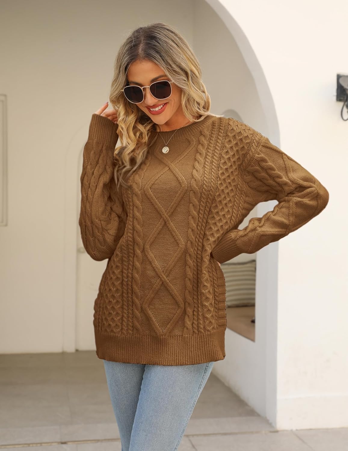 Vamtac Cable Knit Sweater Women Solid Oversized Pullover Sweaters Casual Vintage Crewneck Woven Tops