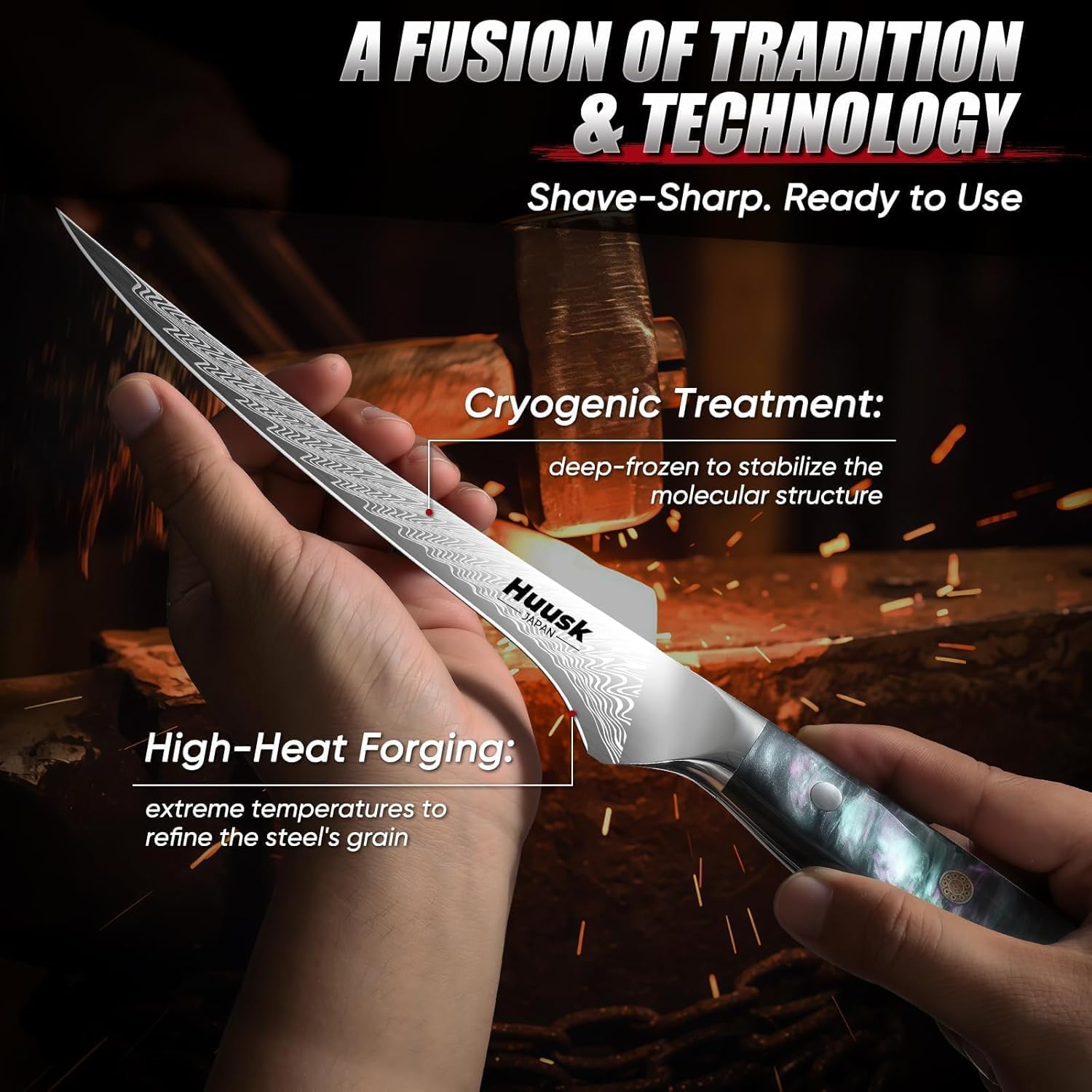 Huusk Fillet Knife for Fish & Meat 7" - Stainless Boning Knife for Meat Cutting & Processing with Sheath, Flexible Fish Filleting Knives for Salmon, Ultra Sharp Deboning Knives, Men's Christmas Gifts