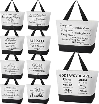 Talltalk 10 Pcs Christian Bible Verse Tote Bags Religious Gift Canvas Reusable Bags for Women Church Party BirthdayWhite, Black
