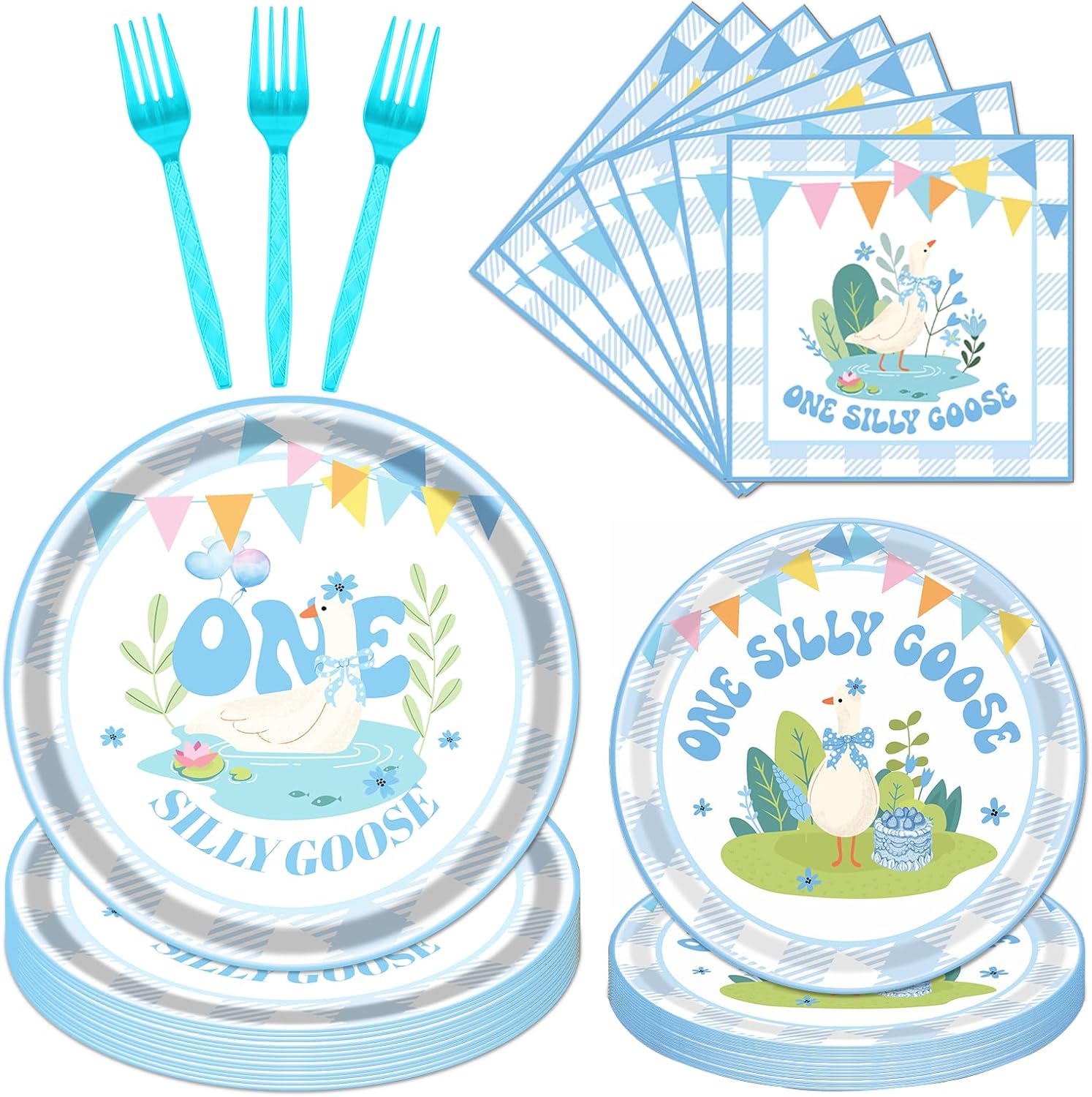 Silly One Goose Birthday Decor - Aposwow 96PCS Blue One Years Old Goose Paper Plates and Napkins Tableware Kit Decorations Animal Themed Forks Party Supplies, Serve for 24