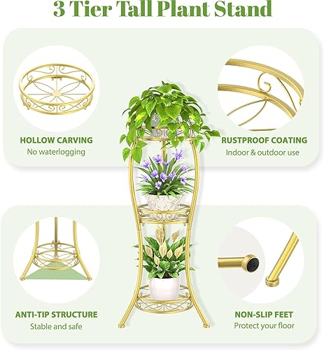 Miniatura 4 de iDavosic.ly Soporte de metal para plantas de 3 niveles de alto para interiores y exteriores, estante esquinero de hierro forjado, estante de