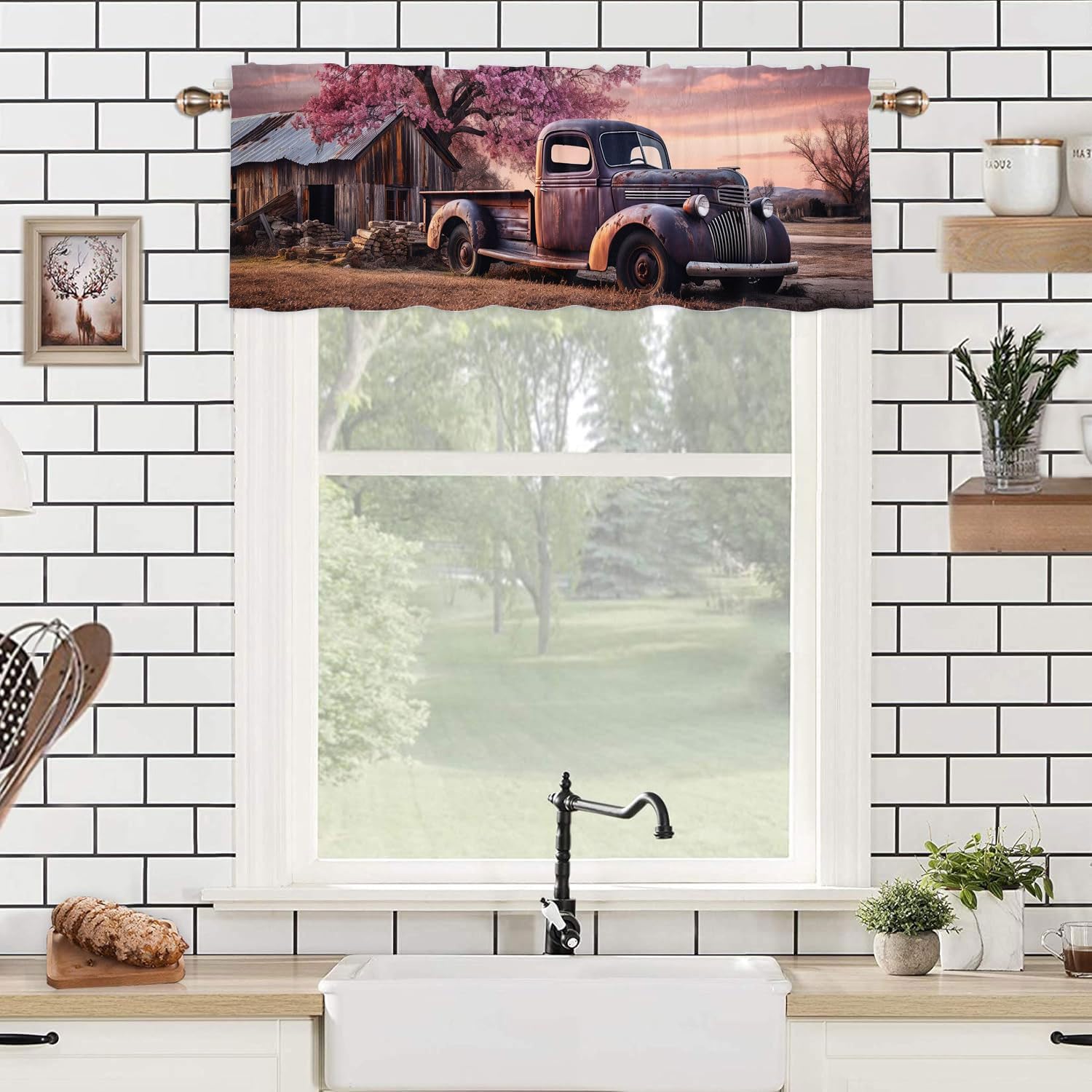 Farmhouse Vintage Old Truck Kitchen Rod Pocket Valances Curtain Rustic Wooden Barn Antique Car Privacy Window Valances for Living Room Bedroom Bathroom 54 x 18 Inch, 2 Panel