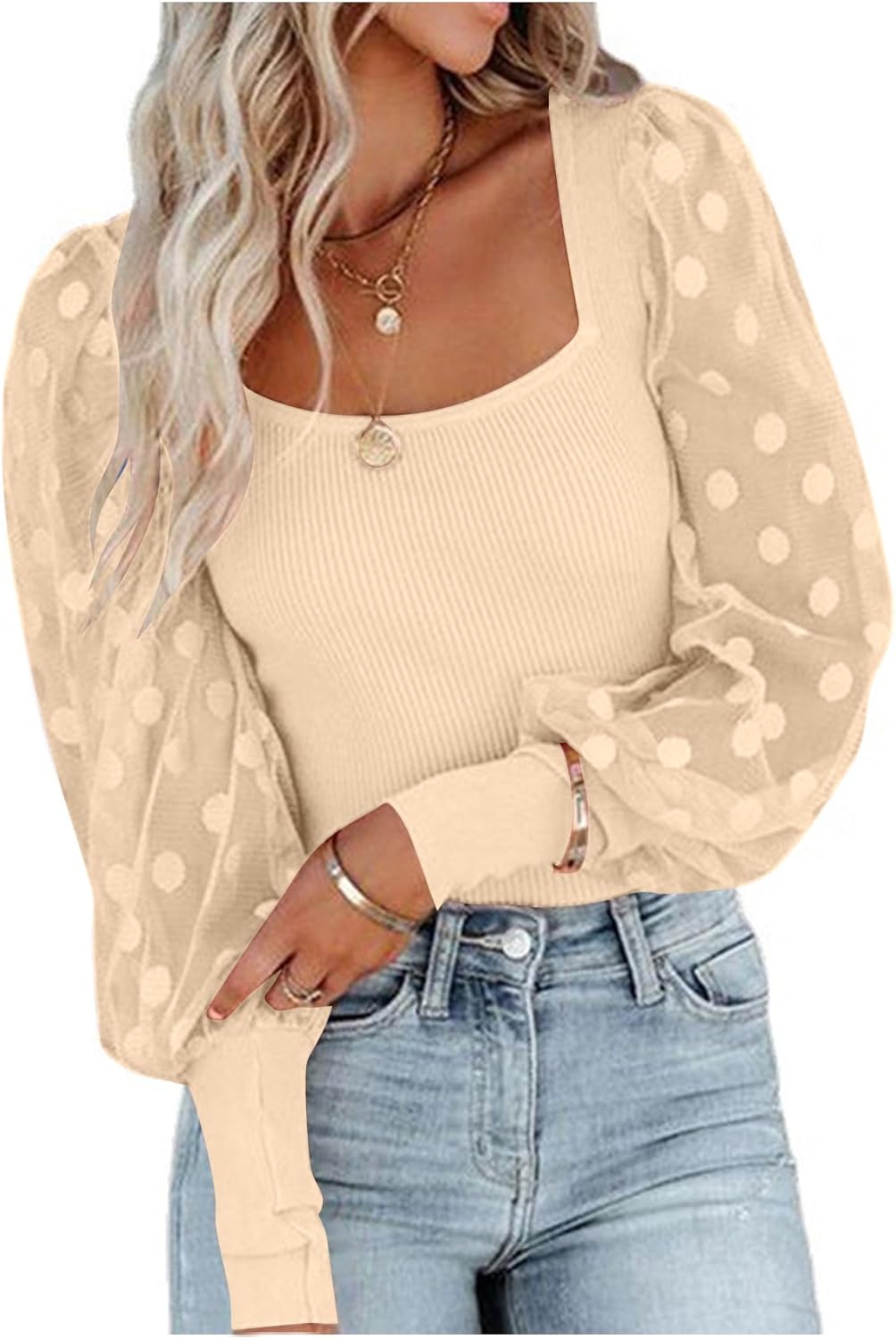 LYANER Women's Square Neck Blouse Sheer Mesh Lantern Sleeve Polka Dot Knit Business Casual Tops Shirts - Image 3