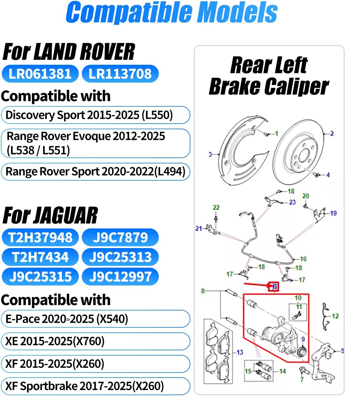 LR113708 Car Brake Caliper Assembly, Rear Brake Caliper Replacement for Land Rover Discovery Sport 2015-2023, for Range Rover Evoque 2012-2023 T2H37948,JAGUAR XE XF E-Pace LR061381 (caliper-left)