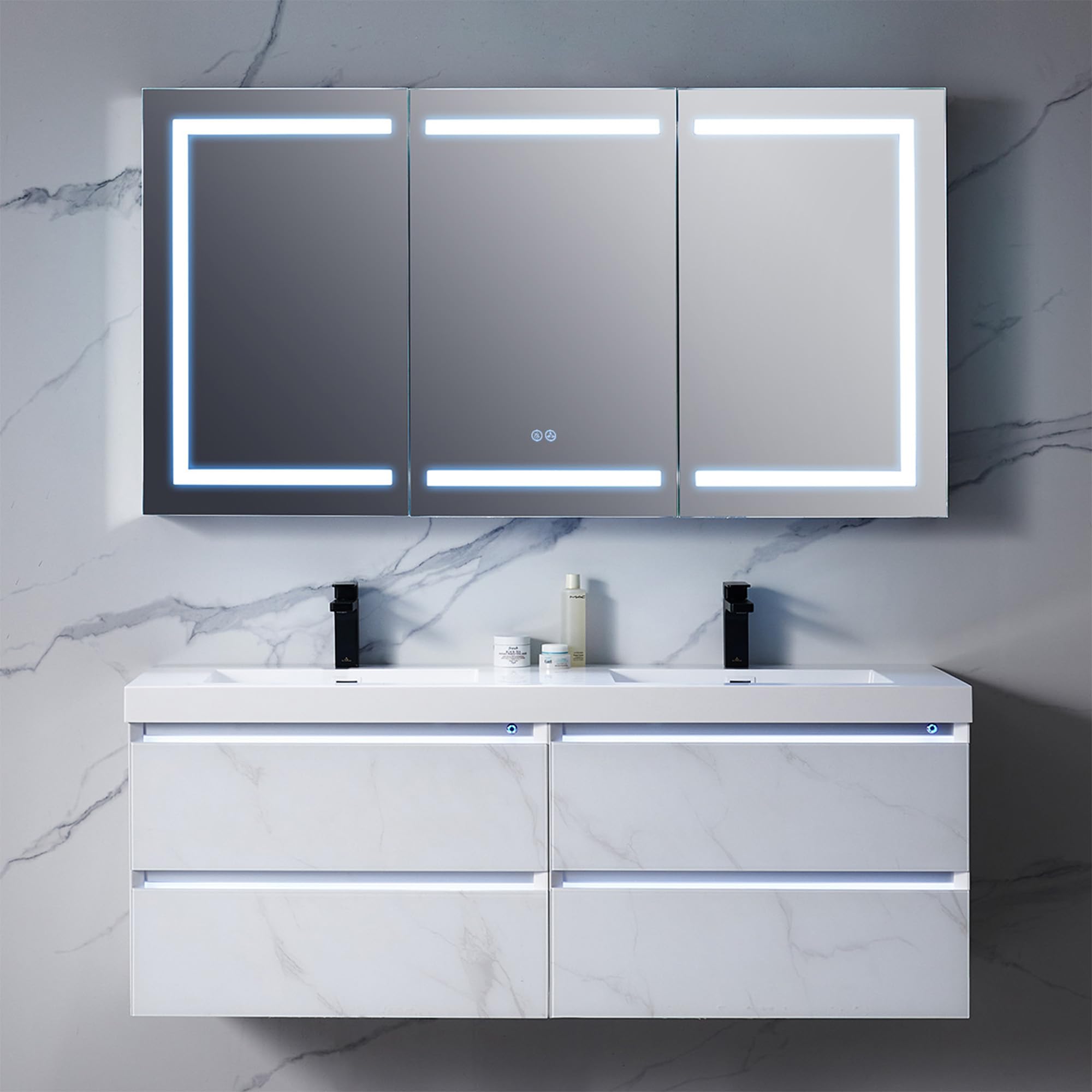 Blossom Canopus 60-Inch LED Lighted Mirror Medicine Cabinet | Recessed or Surface Mount Bathroom Cabinet | One Touch Built-in Defogger | Dimmer | Makeup Mirror | 3 Adjustable Glass Shelves