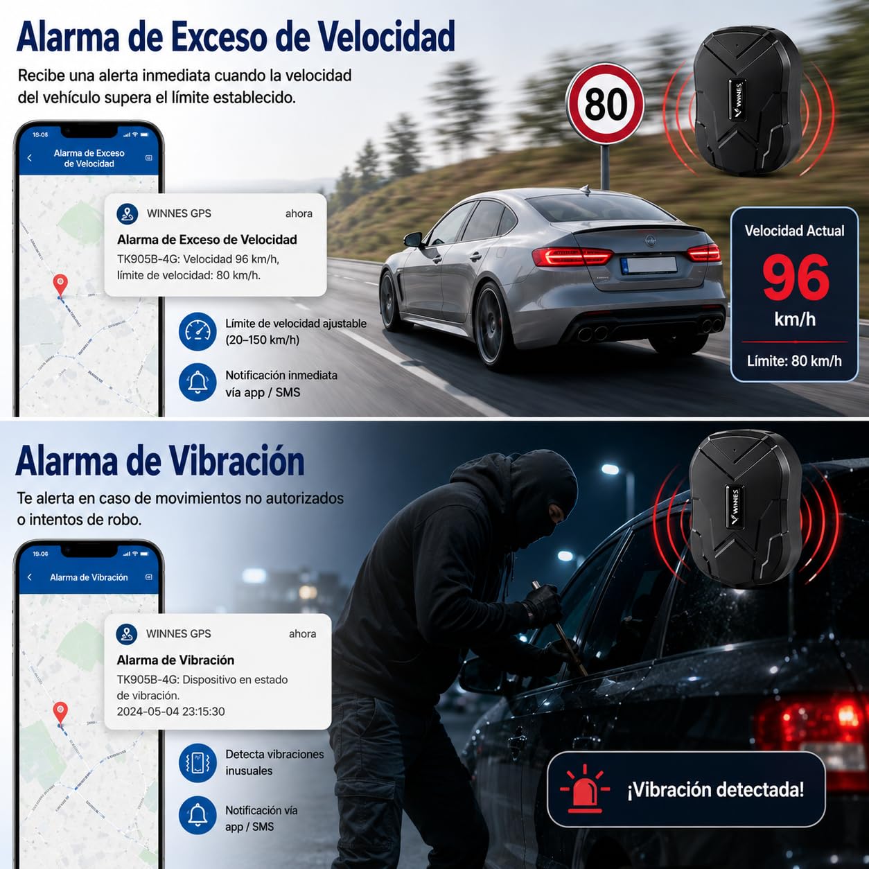 Winnes Localizador GPS para Coche 5000mah, Seguimiento en Tiempo Real y antirrobo, Apto para Coches, Motos, Camiones con rastreador magnético,Alertas Geofence aplicación Gratuita TK905