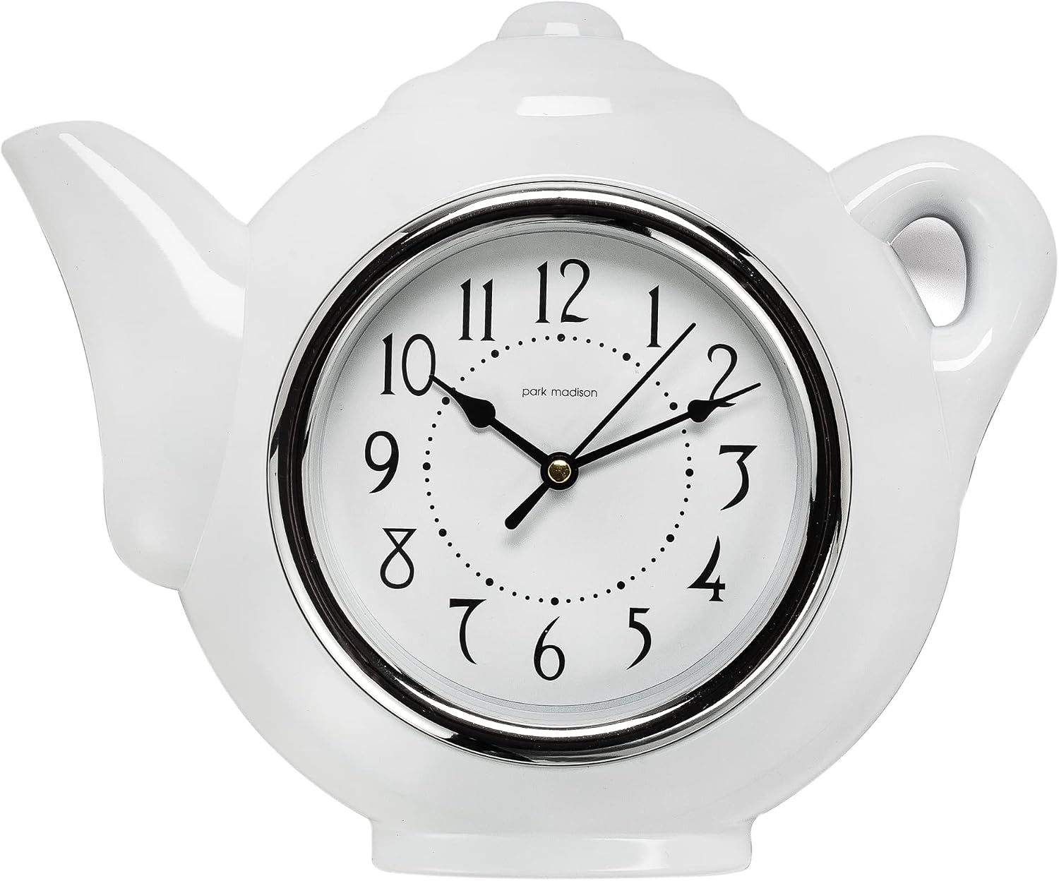Park Madison Teapot 9 Inch Quality Quartz Battery Operated 3-D Easy to Read Home/Office/Kitchen/Classroom/School Clock Classic Movement, White (13903)