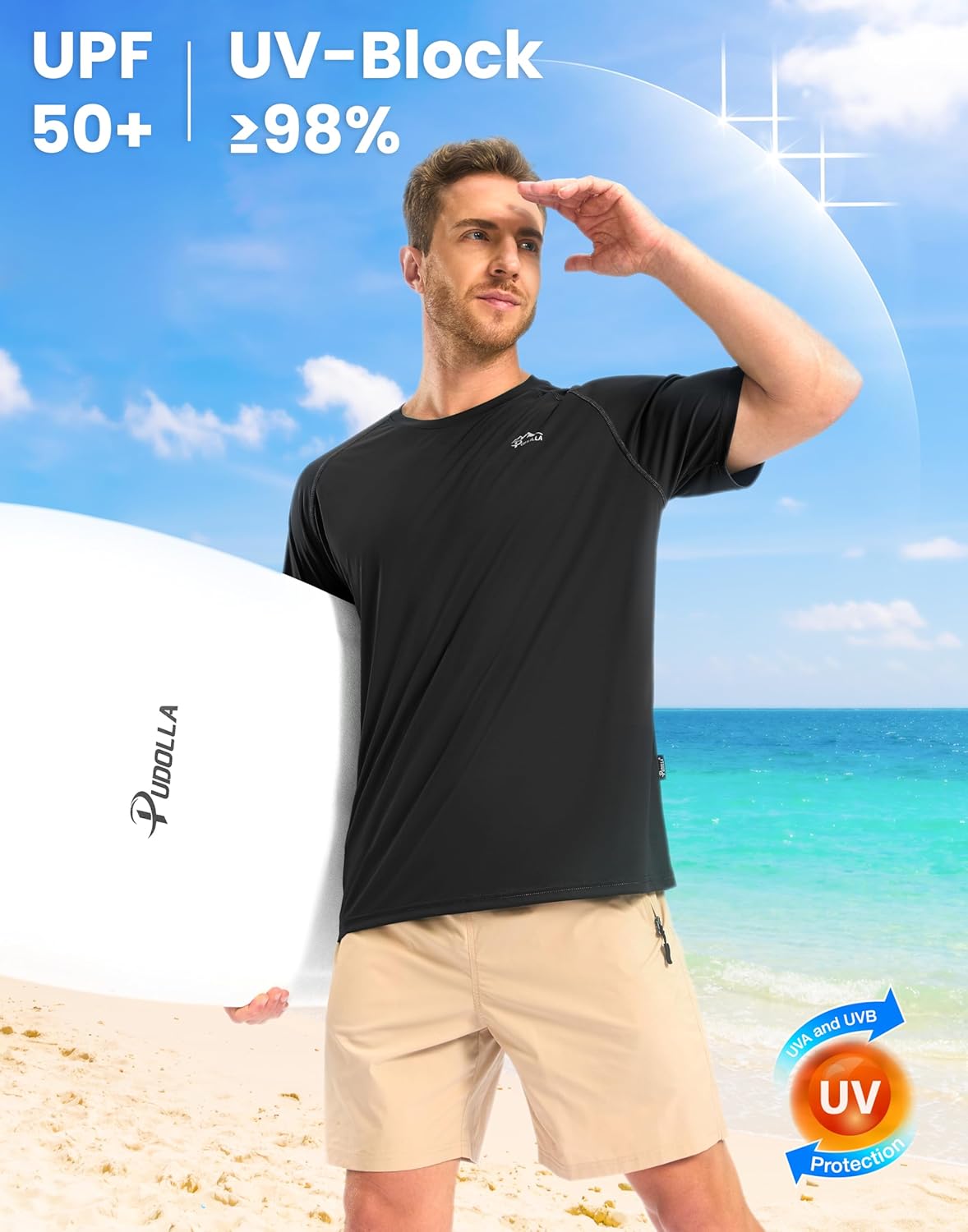 Pudolla Men's Rashguard Swim Shirts Short Sleeve UPF 50+ Sun Protection SPF Quick Dry Lightweight Water Fishing Beach Shirt - Image 3