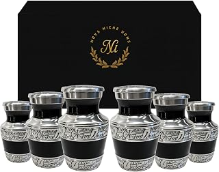 Nova Niche Small Urns for Human Ashes Keepsake – Set of 6 Mini Cremation Urns for Adult Men and Women, Black & Silver Engraved Design with Protection Box – Handcrafted Memorial Funeral Urn
