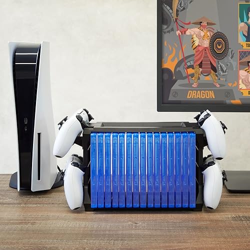 Miniatura 2 de ionX Video Game Storage Stand for Blu-Ray and Game Cases, Fits 4 Controllers, Holds 15 Cases (Black)