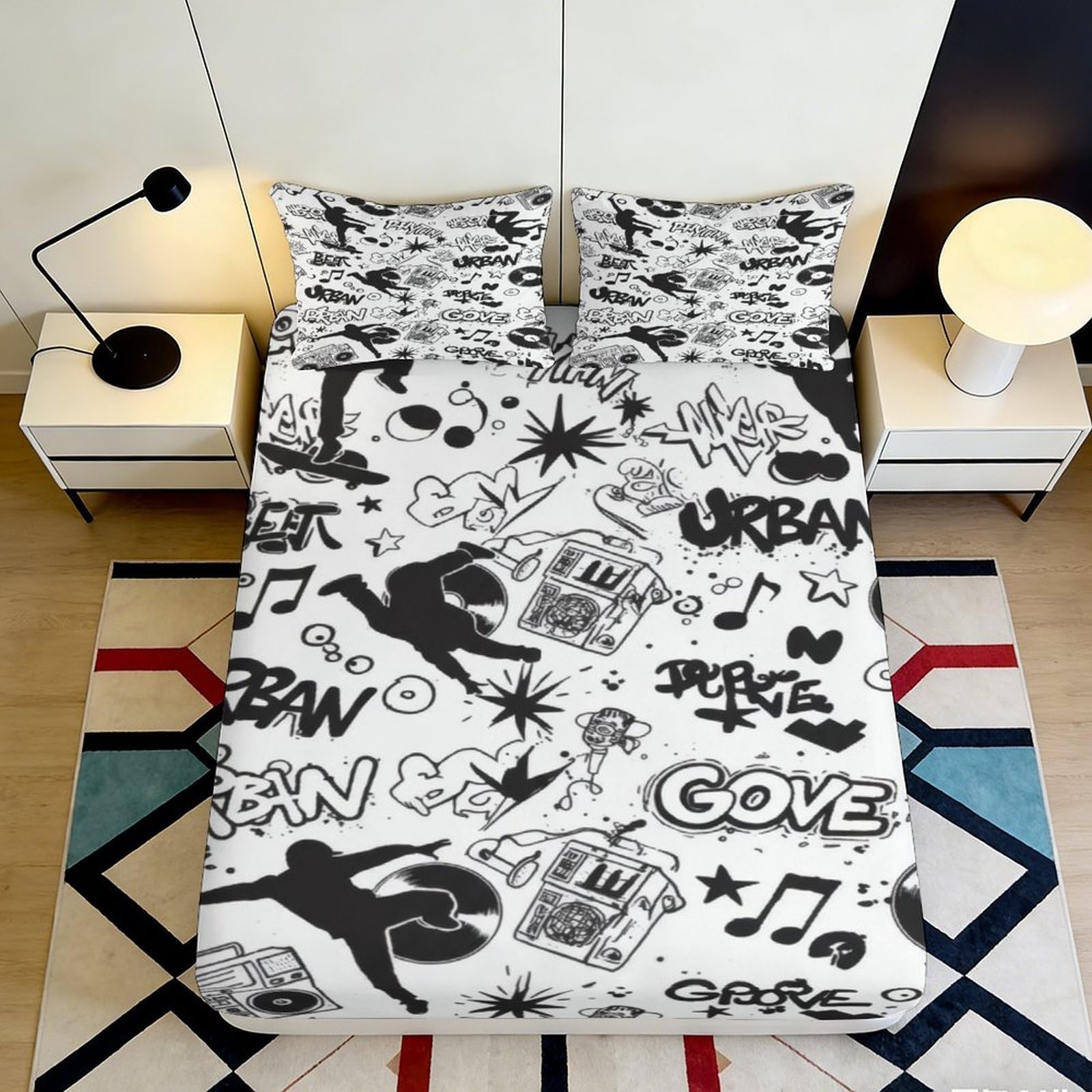3D Printed Urban Graffiti Fitted Sheet Microfiber Soft Durable Black White Bed Cover for Bedroom Dormitory Guest Room Mattress Protection 120x200x25cm