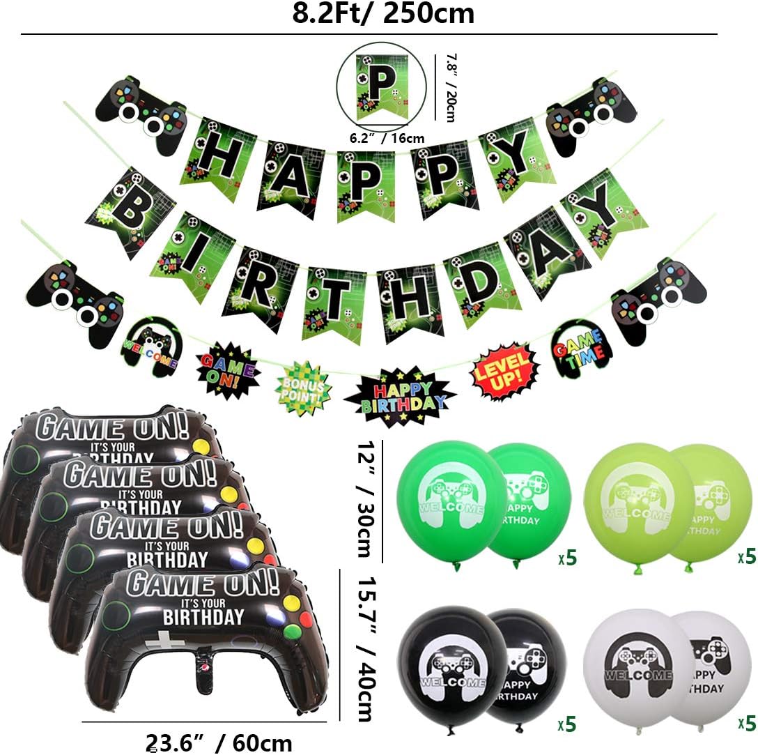 Video Game Party Decorations, 3 Set HAPPY BIRTHDAY Gaming Banner, 1 Pcs Table Cloth, 6 Pcs Hanging swirls, 10 Pcs Cake Topper and 24 Pcs Game Themed Balloons for Gamer, Boys Birthday Party Supplies : Toys & Games