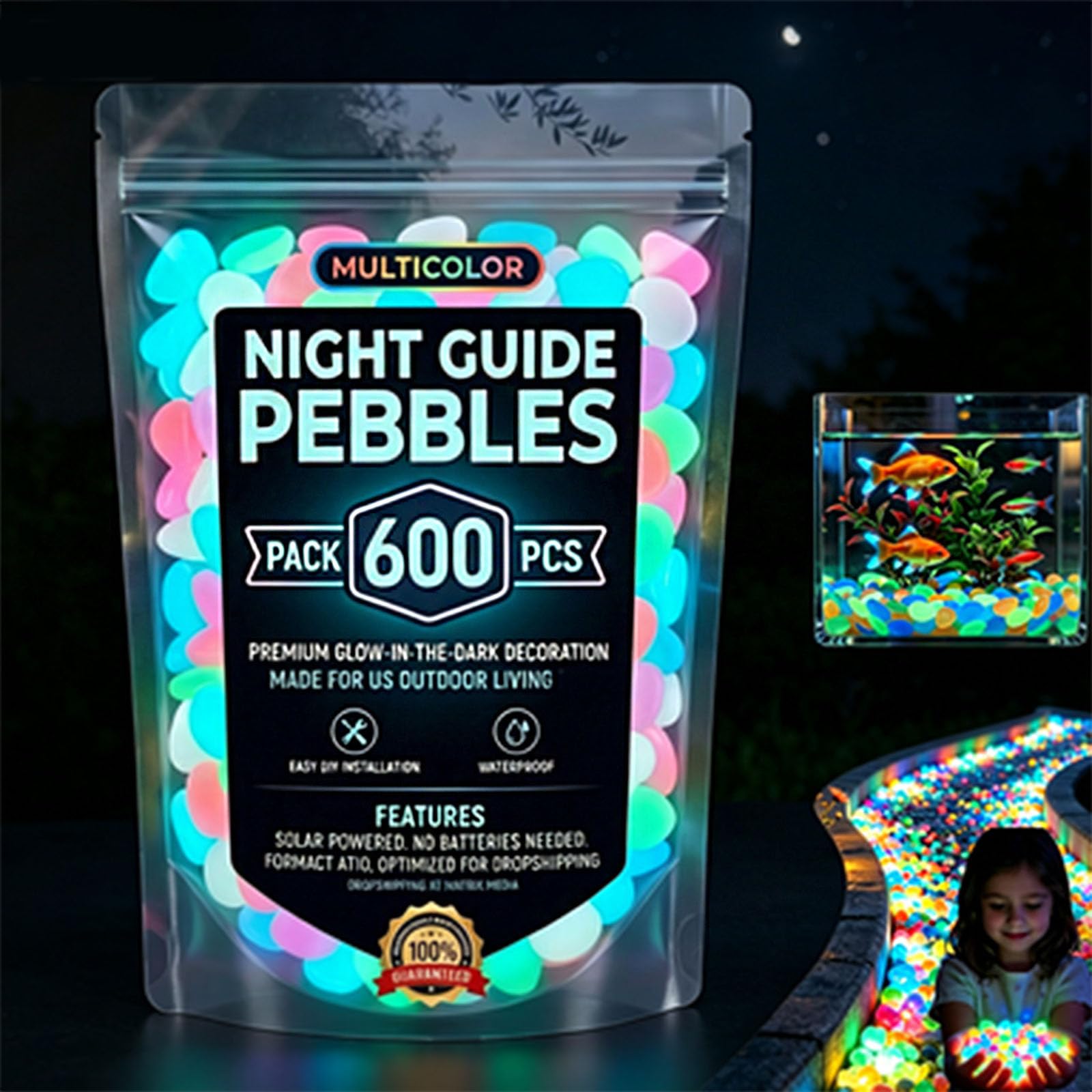 1000pcs Colorful Glow-in-the-Dark Garden Stones, glow in the dark pebbles, light up stepping stones kids, Glowing Fish Tank Decorations for Outdoor Landscaping, Walkways, Vases & Fish Tanks (400)