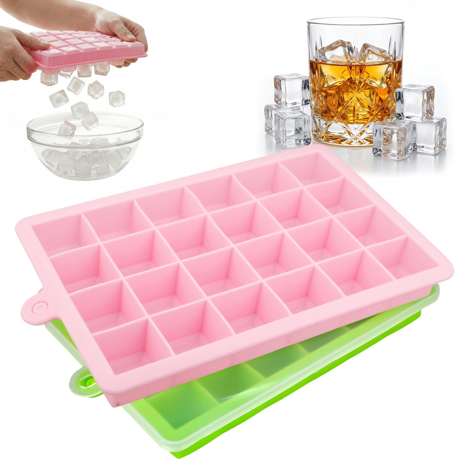 Bliceon 2 Pcs Silicone Ice Cube Tray, 24 Square Ice Cube Moulds with Lid, Flexible Easy Release Silicone Mould for Whiskey, Cocktails and Drinks, Freezer (Pink and Green)