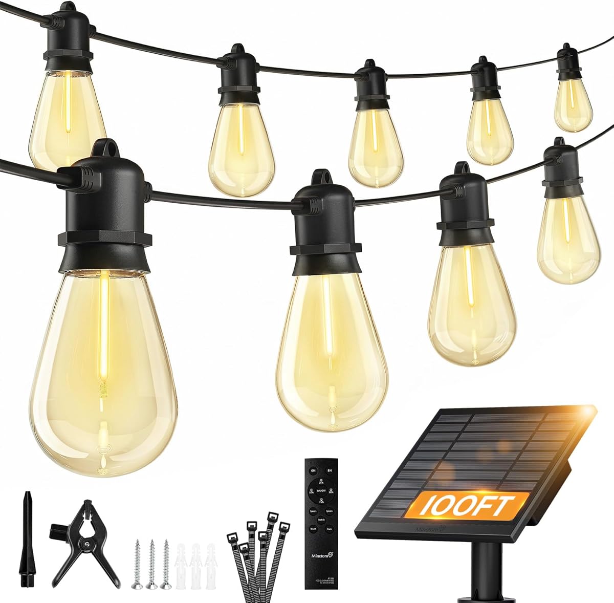 Minetom 100FT Solar-String-Lights-Outdoor-Waterproof, 31+2LED S14 Shatterproof Bulb, Patio Lights with Remote Type-C Port Timable, 3 Light Modes Dimmable Solar String Lights for Outside, Yard, Camping