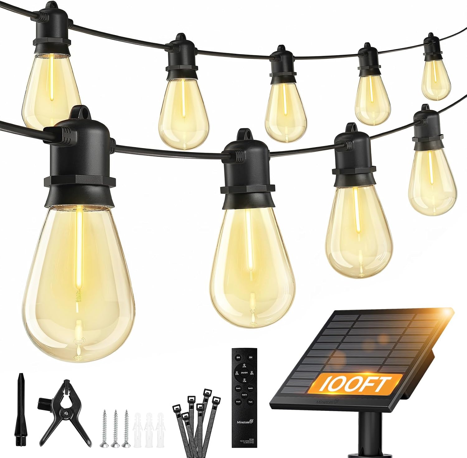 Minetom 100FT Solar-String-Lights-Outdoor-Waterproof, 31+2LED S14 Shatterproof Bulb, Patio Lights with Remote Type-C Port Timable, 3 Light Modes Dimmable Solar String Lights for Outside, Yard, Camping