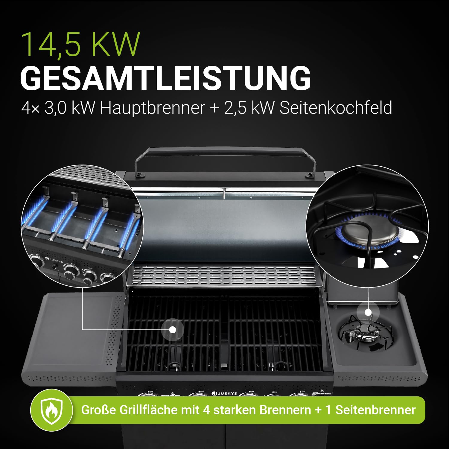 Juskys BBQ Gasgrill Savannah - 4 Brenner und 1 Seitenbrenner - XXL Stahl Gas Grill mit Gusseisen Grillrost, Kochfeld, Unterschrank für Gasflasche