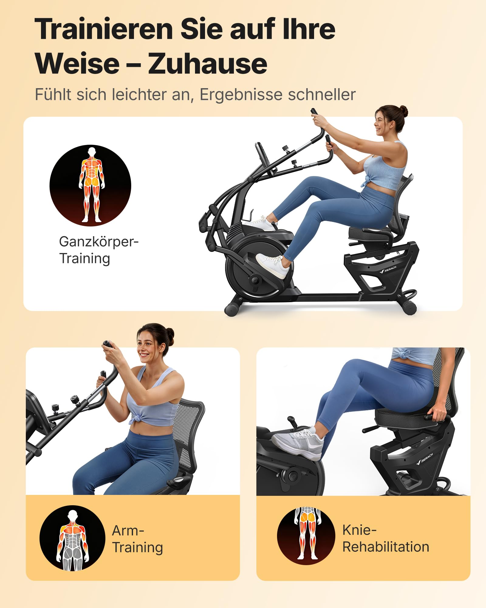 MERACH Liegeergometer für Zuhause mit 8 verstellbaren Widerstandsstufen, leichte kommerzielle Heimtrainer Fahrrad mit Smart Bluetooth, exklusiver App-Konnektivität, LCD-Display, Herzfrequenzsensoren