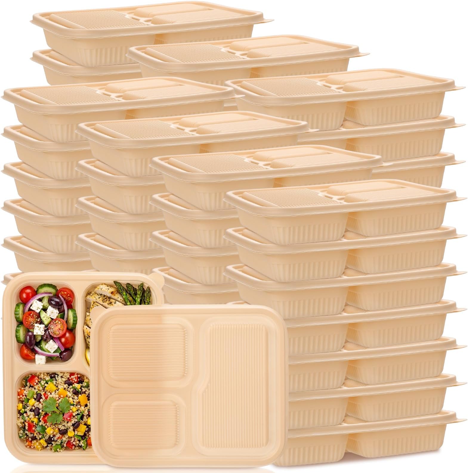 LemonRoad 50 Sets 34 oz Meal Prep Containers with Lids, 3 Compartment Cornstarch Food Container for Lunch Salad Deli Soup, Bpa Free Plant-based Take out Containers Microwave Freezer Safe
