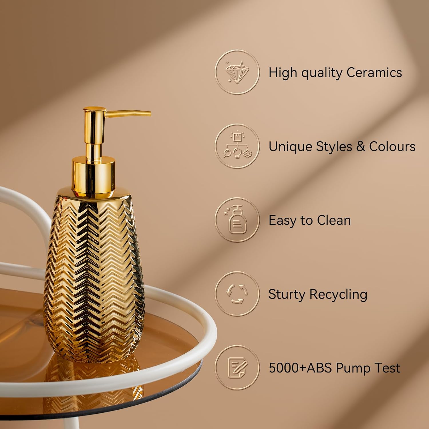 Golden Bathroom Modern Decoration 2-Piece Bathroom Accessories Bath Set Trash Can and Soap Dispenser，Ceramic，Wavy Design Gold Decor