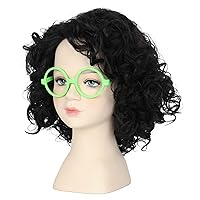 Vista 9 de M MISS U HAIR Missuhair - Peluca de disfraz para niñas con lentes verdes aretes cortos negros rizados para Halloween cosplay
