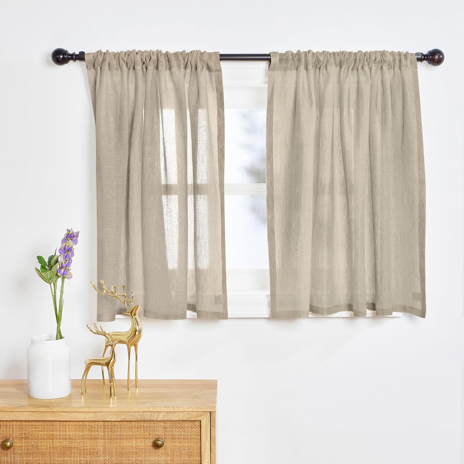 Solino Home 100% Pure Linen Sheer Curtain 24 Inches - European Flax Natural Curtain 52 x 24 Inch - Light Filtering Rod Pocket Window Treatment Panel for Kitchen, Cafe, Bedroom, Living Room - 1 Panel