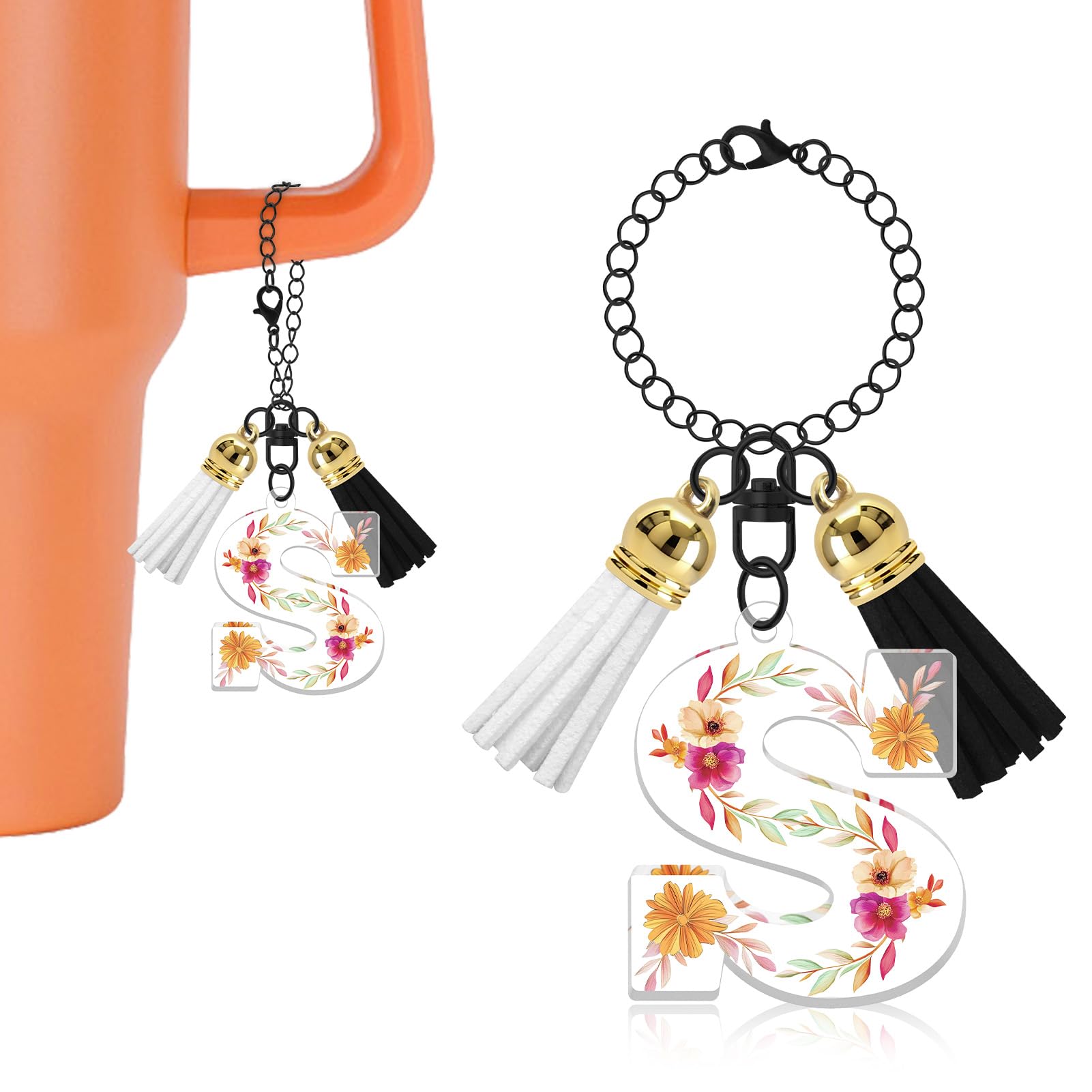 Oubaka Cup Charms for Stanley Handle, Letter Charms Accessories Tassel Alphabet Chain for Backpacks Handbag