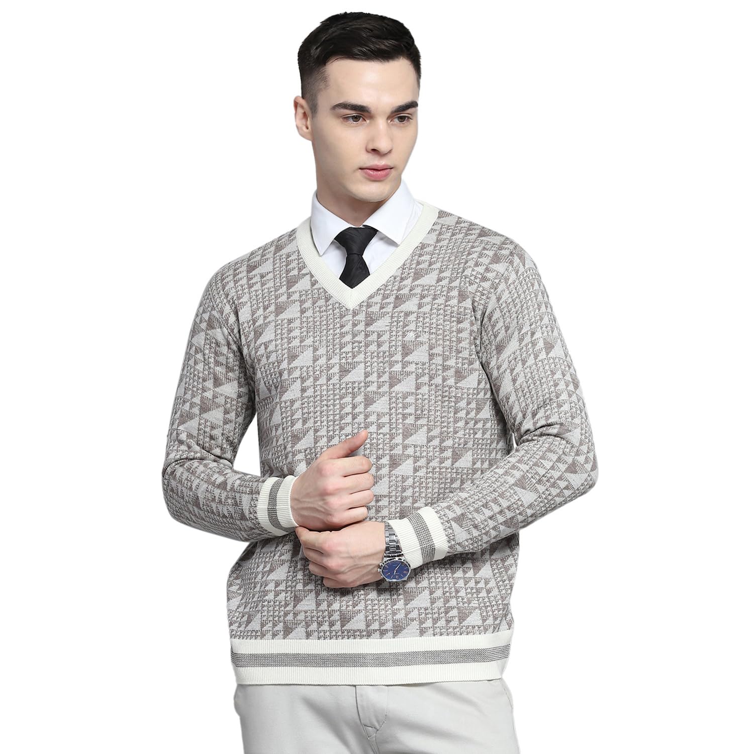 Mens Self Design Brown V Neck Full Sleeve Pullover