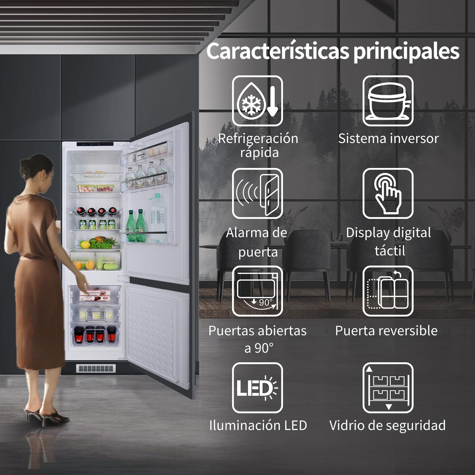 Frigorífico Combi No Frost, Frigorifico Integrable | 177 cm | 248 L (186 L Refrigeración / 62 L Congelación) | Compresor Inverter | Puerta Invertible | Control Electrónico | Refrigeración Rápida