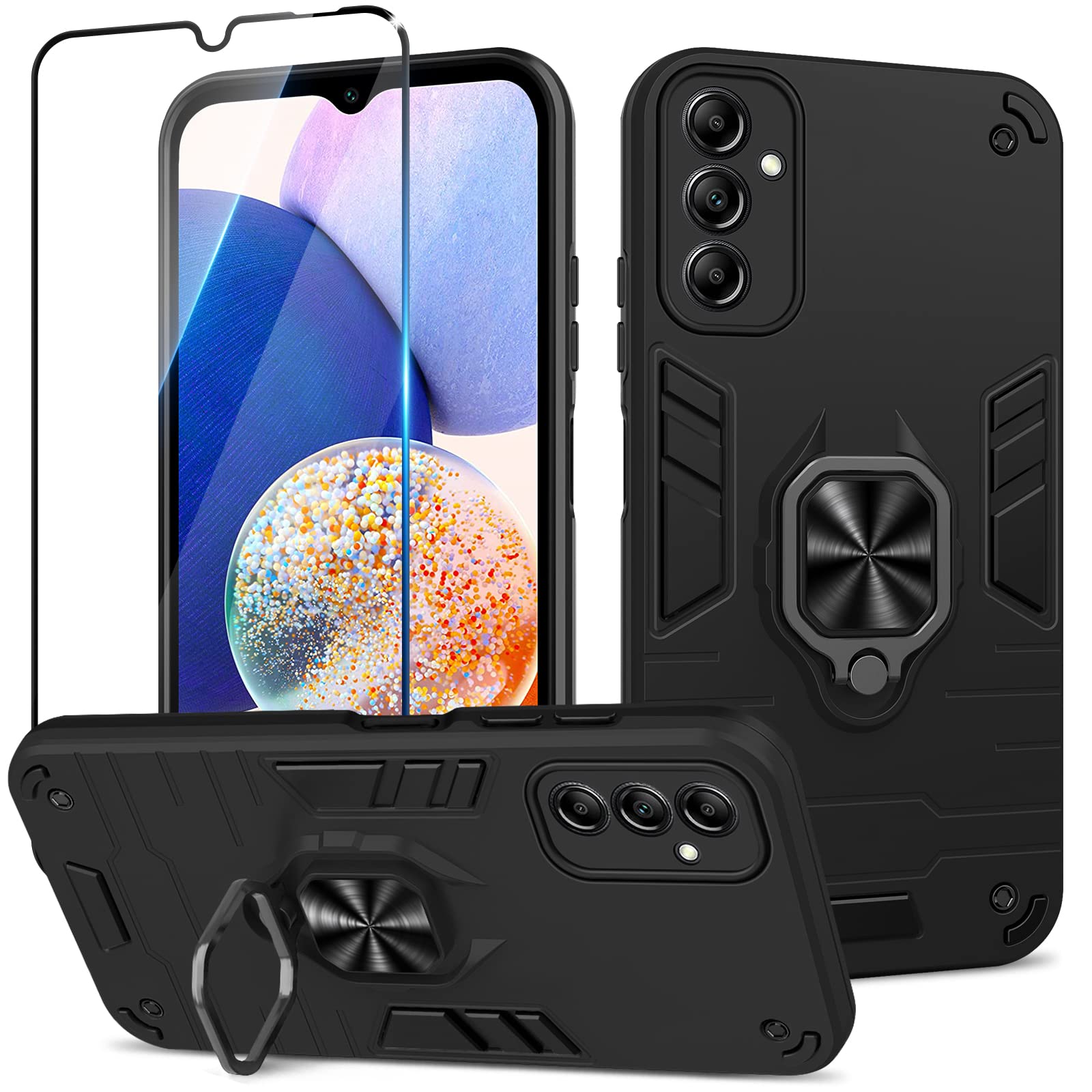 Funda para Samsung Galaxy A13 4G con Cristal Templado Protector Pantalla, Carcasa Antigolpes con Soporte anular metálico, Case Protectora de Grado Militar, Negro — view 142