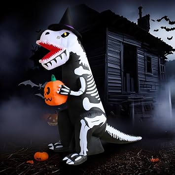 PTS 7FT Inflatable Dinosaur Skeleton with Pumpkin Outdoor Decoration, Halloween Blow Up Yard Decorations, Built-in LED Lights Inflatables Spooky Holiday Funny Decor for Indoor Lawn Garden