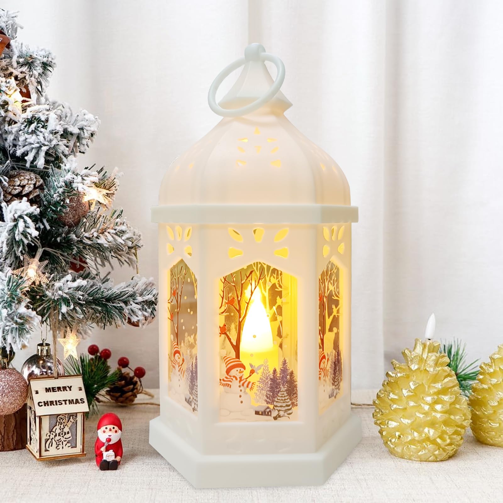 Lanterna natalizia a LED con luce bianca calda, 28,5 cm, grande lanterna natalizia, Babbo Natale, pupazzo di neve, alce