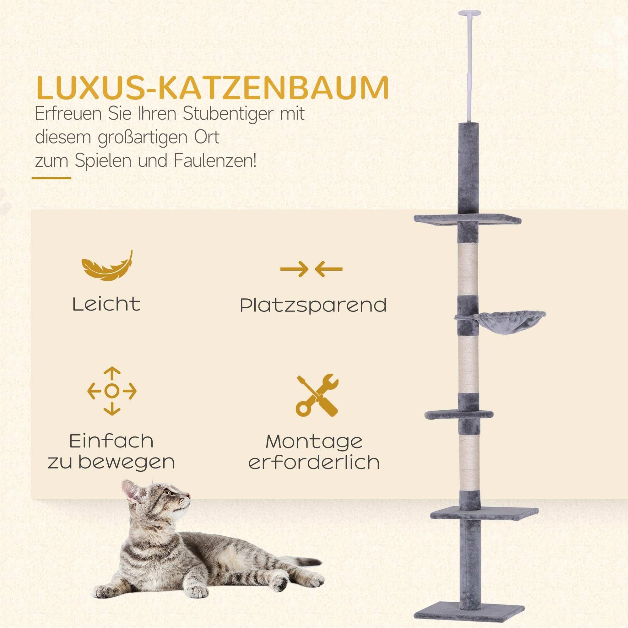 PawHut Drapak do sufitu z regulacją wysokości, stabilne drzewko dla kota z kolumnami sizalowymi, drzewko do wspinaczki dla kotów, szare, 40 x 34 x 230-260 cm