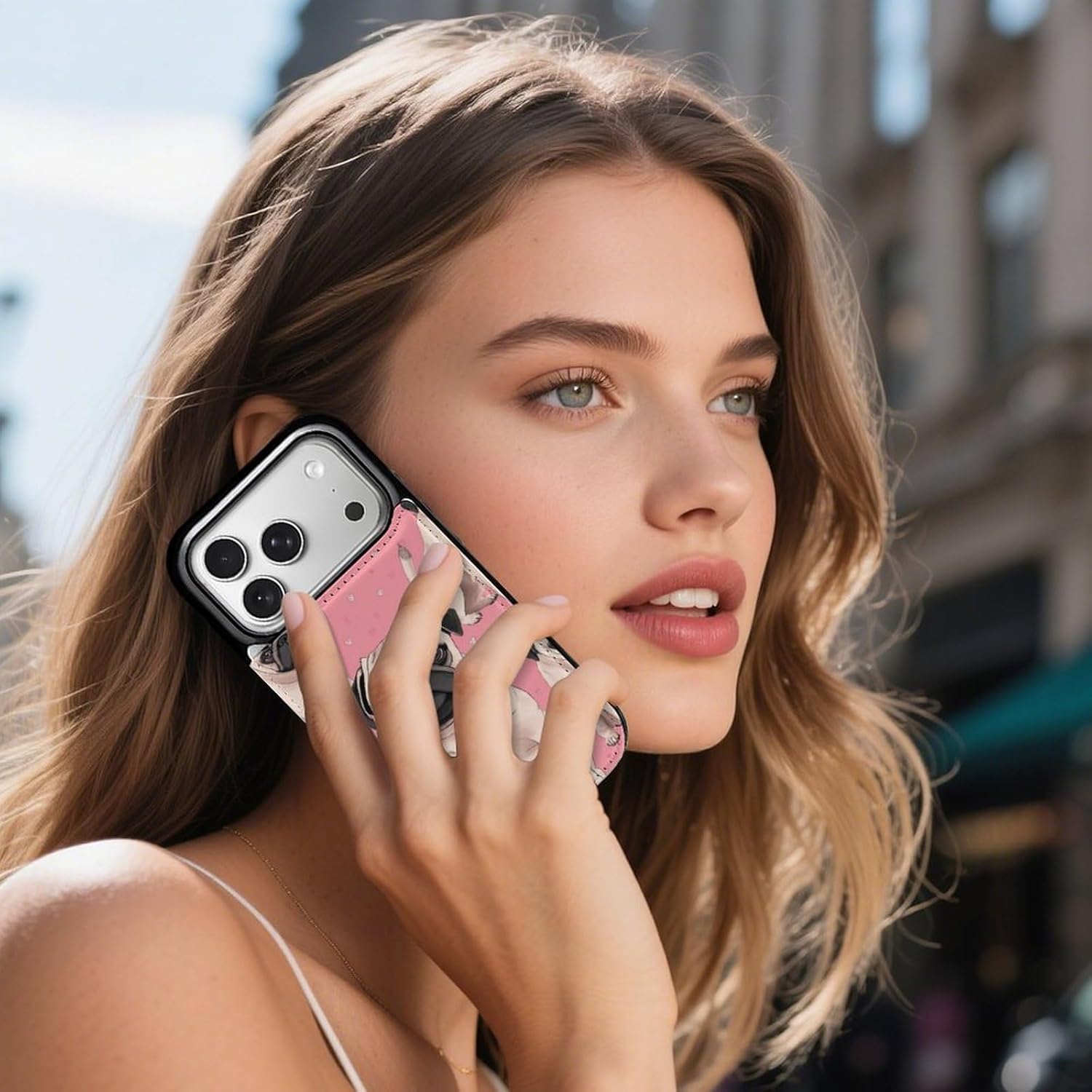 Wallet Cases for iPhone 17 Pro, Pug Dog Pink Background Prints Flip Leather Phone Case Cover with Card Slots Holder