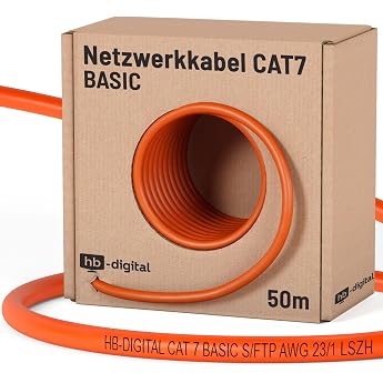 HB-DIGITAL 50m CAT 7 Network LAN Cable Installation cable Ethernet cable AWG23 10 Gbps S/FTP LSZH BauPVO Eca data cable Simplex   Orange
