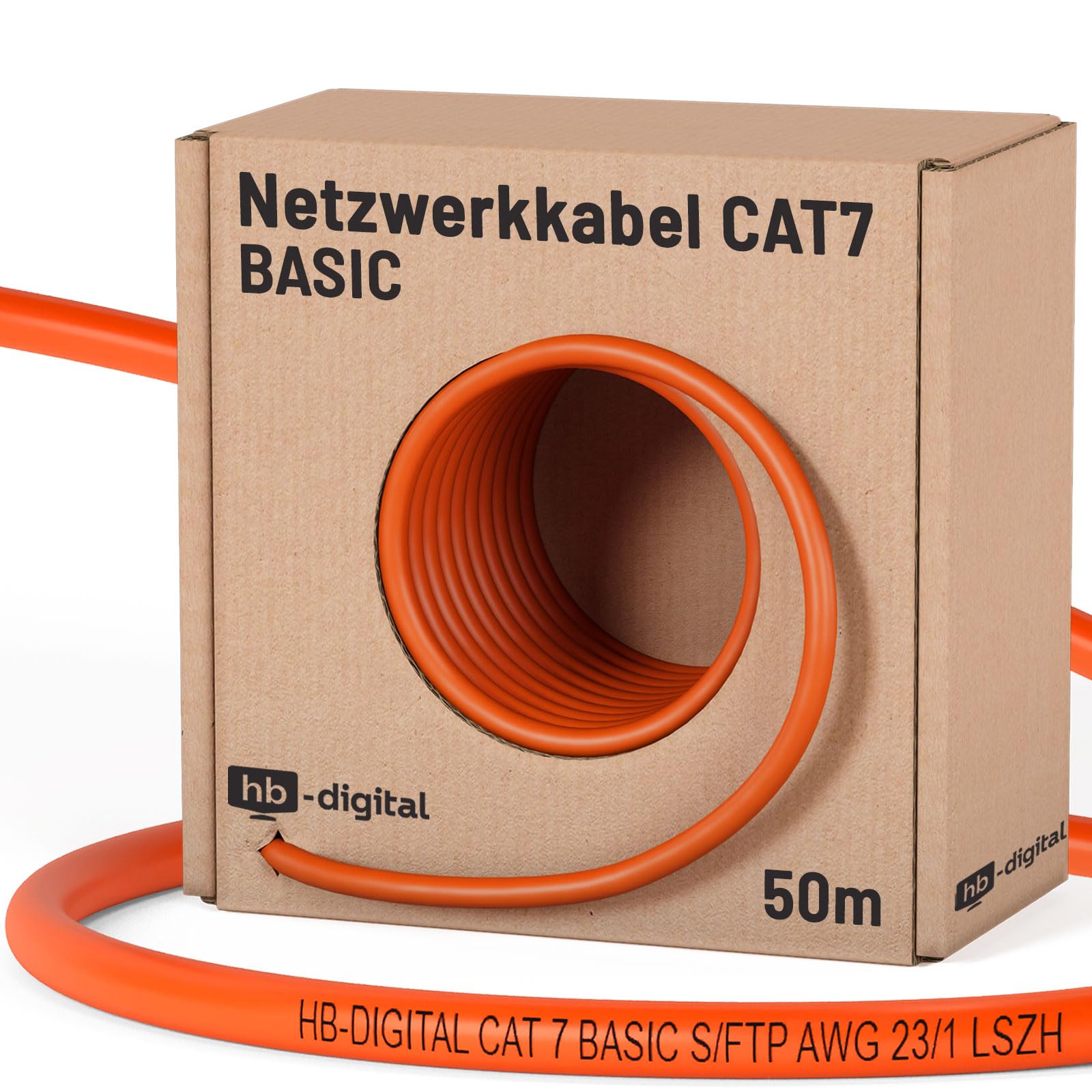 HB-DIGITAL 50m cable de red cat 7 cable de instalación LAN velocidad de transmisión 10 Gbit / s - cobre profesional S / FTP PIMF LSZH naranja sin halógenos Cumple con RoHS AWG 23/1