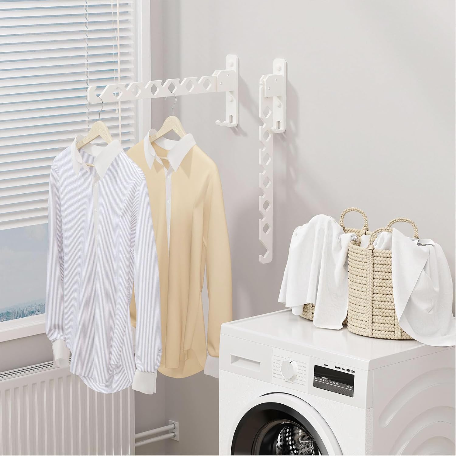 Wall Mounted Clothes Drying Rack, Wall Clothes Hanger Hook for Laundry Room, Clothes Hanger Foldable, Wall Rack Indoor, Perfect for Small Spaces, White 2 Packs